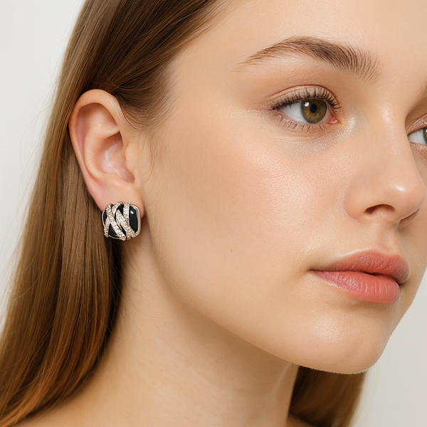 Black Enamel Pavé Stud Earrings - PEACORA