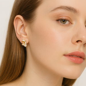 Golden Leaf Crystal Stud Earrings - PEACORA
