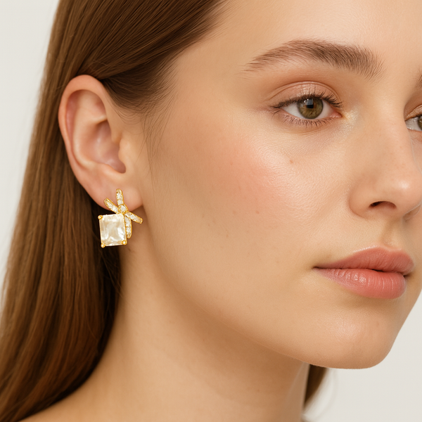 Golden Crystal Bow Stud Earrings - PEACORA