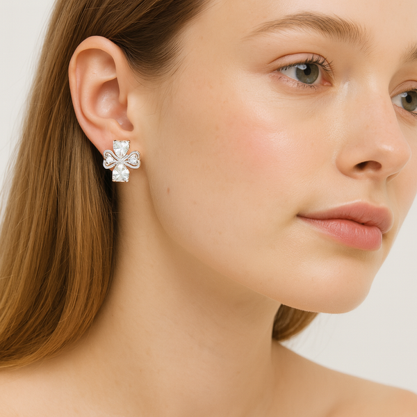 Silver Clover Crystal Stud Earrings - PEACORA
