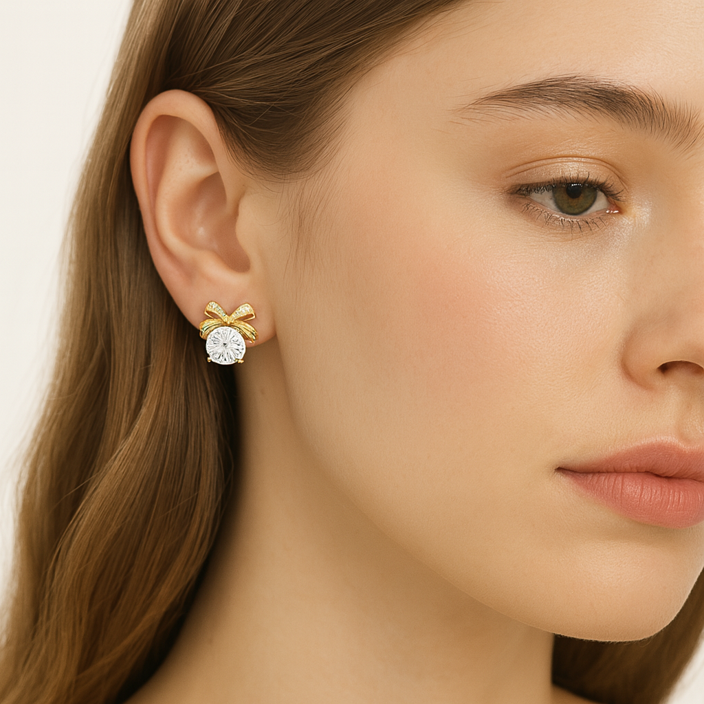 Gold Bow Knot Crystal Earrings - PEACORA
