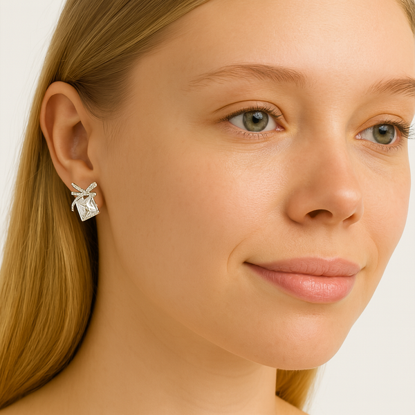 Silver Bow Knot Crystal Earrings - PEACORA