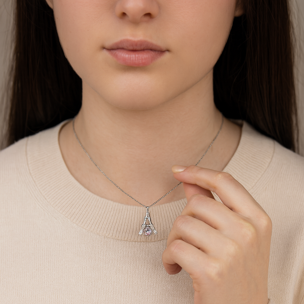 Eiffel Tower Pink Moissanite Necklace - PEACORA