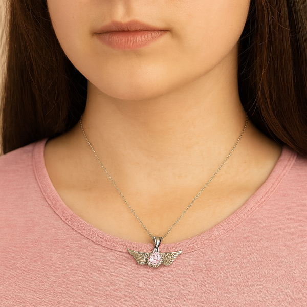 Silver Angel Wing Pink Crystal Necklace