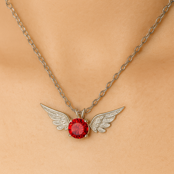 Silver Angel Wings Red Gem Necklace
