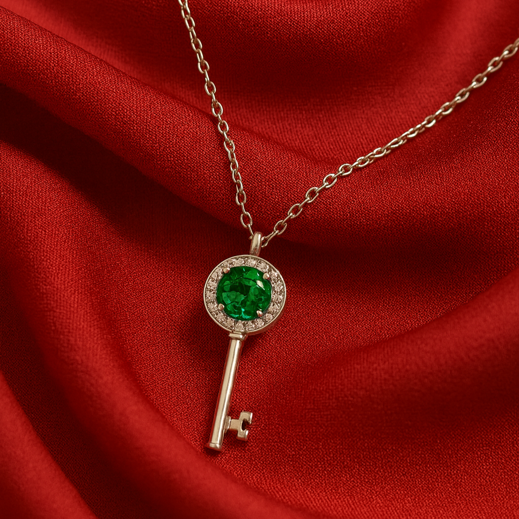 Silver Emerald Green Crystal Key Pendant Necklace - PEACORA