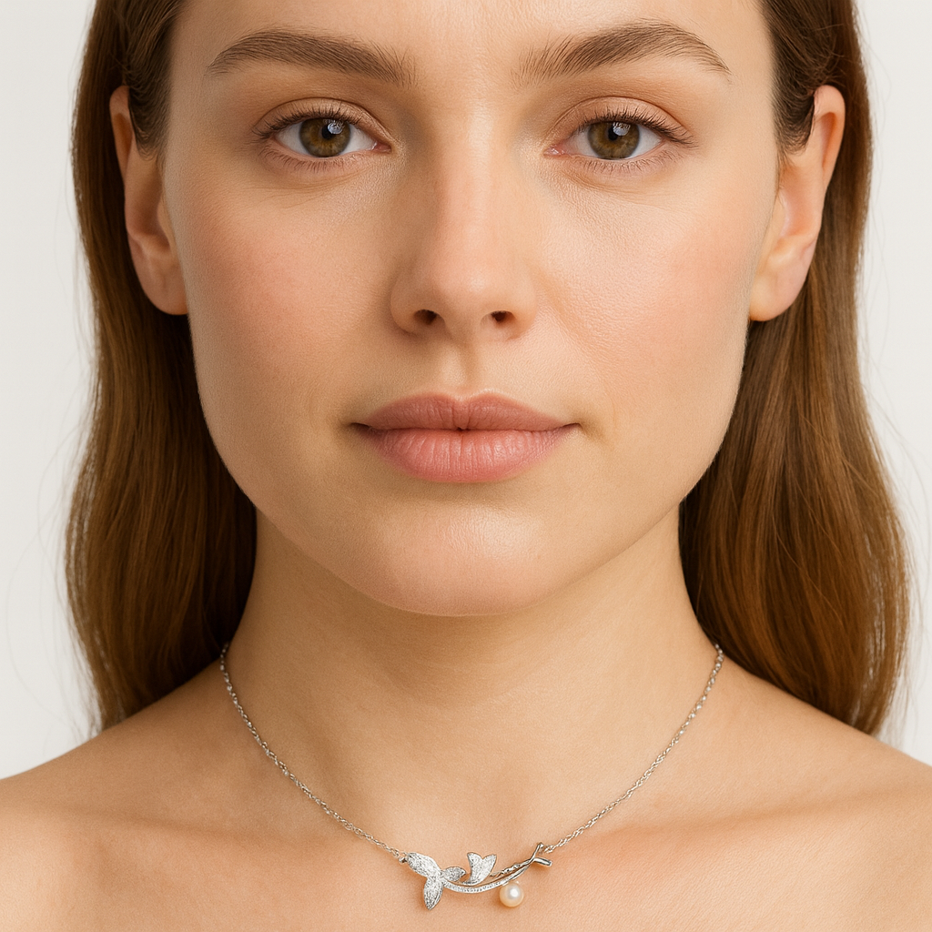 Elegant Crystal Pearl Bow Necklace - PEACORA