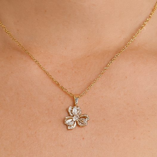 Gold Floral Crystal Pendant Necklace - PEACORA