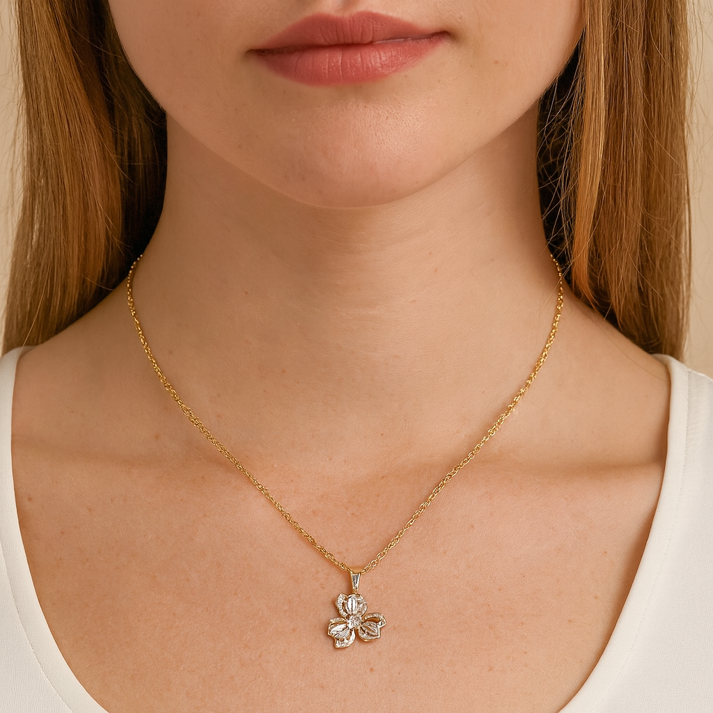 Gold Floral Crystal Pendant Necklace - PEACORA