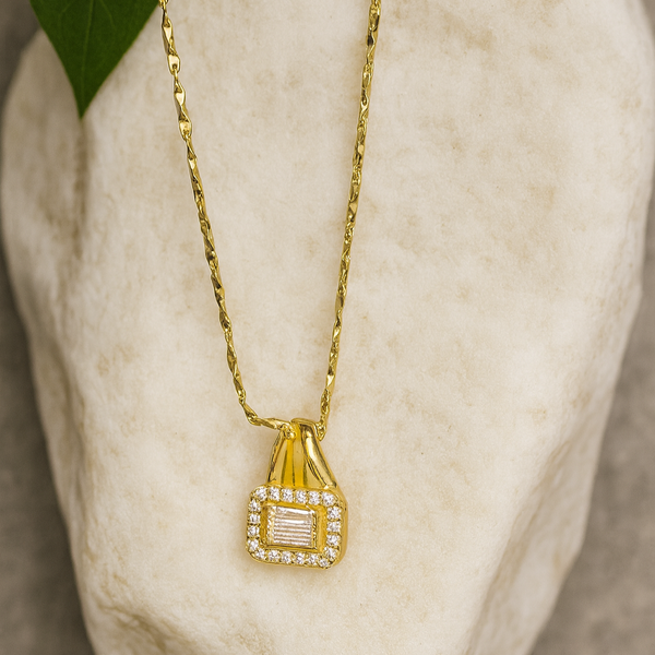 Golden Crystal Lock Pendant Necklace