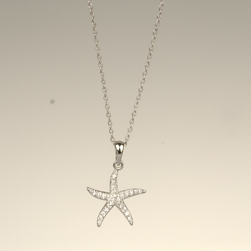 Silver Starfish Crystal Pendant Necklace - PEACORA