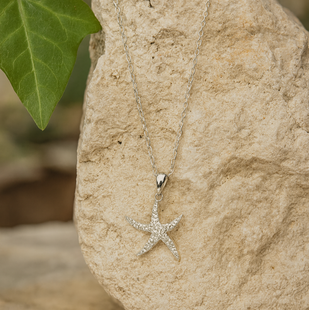 Silver Starfish Crystal Pendant Necklace - PEACORA