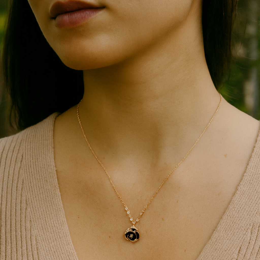 Rose Gold Black Rose Pendant Necklace