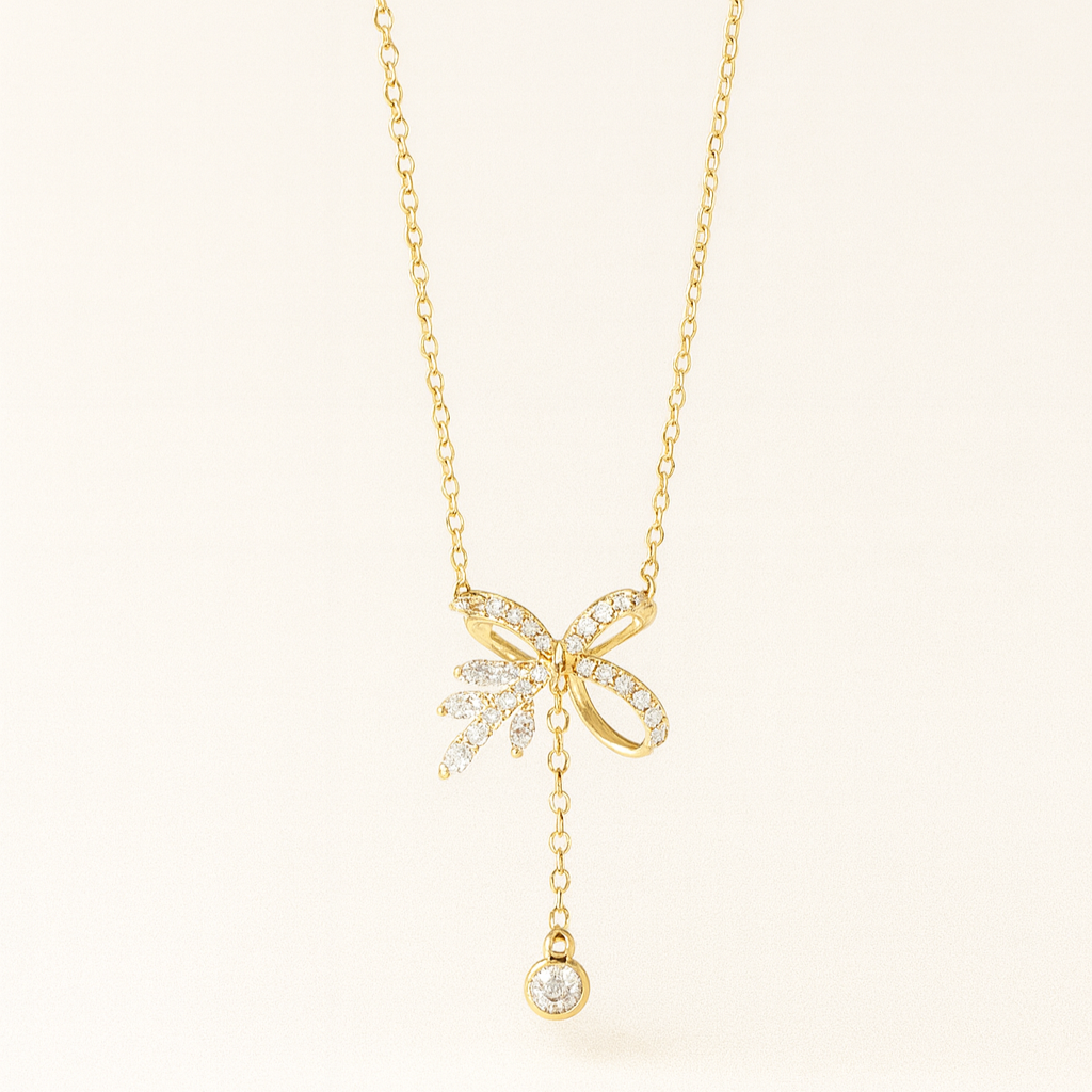 Gold Bow Drop Pendant Necklace - PEACORA