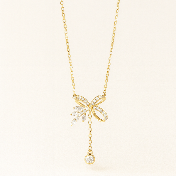Gold Bow Drop Pendant Necklace - PEACORA