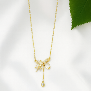 Gold Bow Drop Pendant Necklace - PEACORA