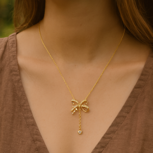 Gold Bow Drop Pendant Necklace - PEACORA