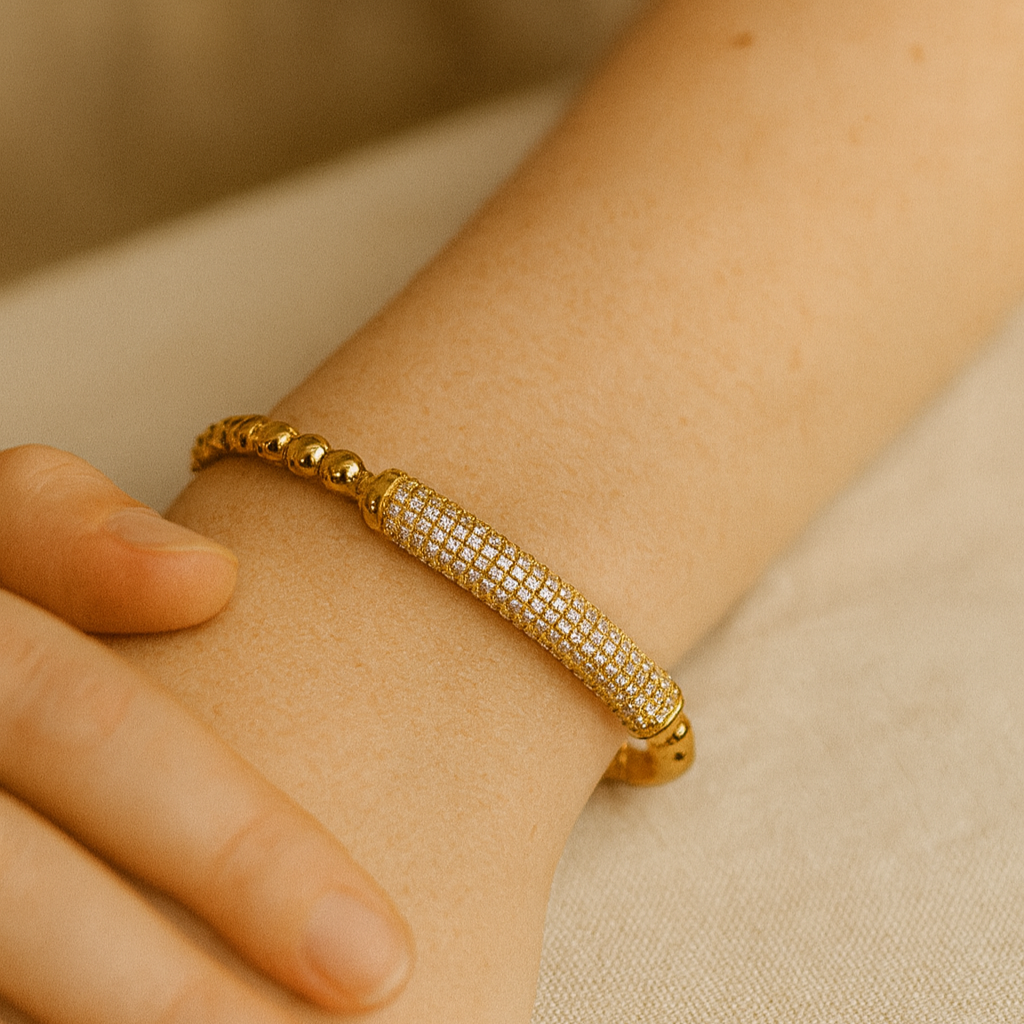 Golden Glow Beaded Sparkle Accent Bangle - PEACORA
