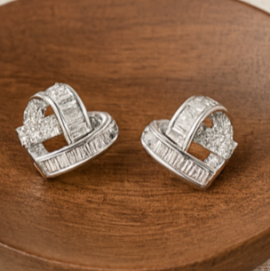 Silver Crystal Ribbon Heart Earrings - PEACORA