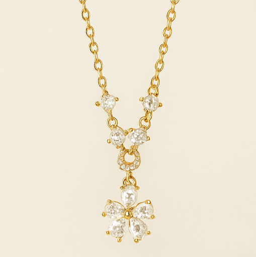 Gold Floral Drop Crystal Necklace - PEACORA