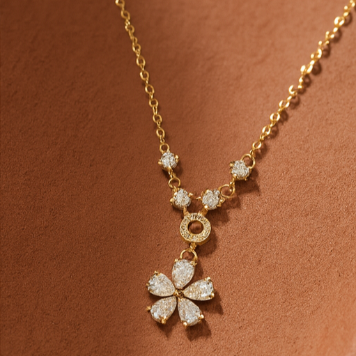 Gold Floral Drop Crystal Necklace - PEACORA