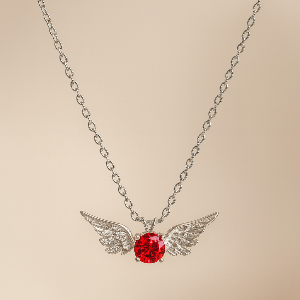 Silver Angel Wings Red Gem Necklace