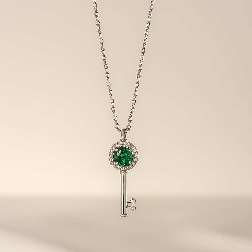 Silver Emerald Green Crystal Key Pendant Necklace - PEACORA