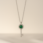 Load image into Gallery viewer, Silver Emerald Green Crystal Key Pendant Necklace
