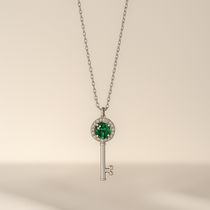 Silver Emerald Green Crystal Key Pendant Necklace - PEACORA