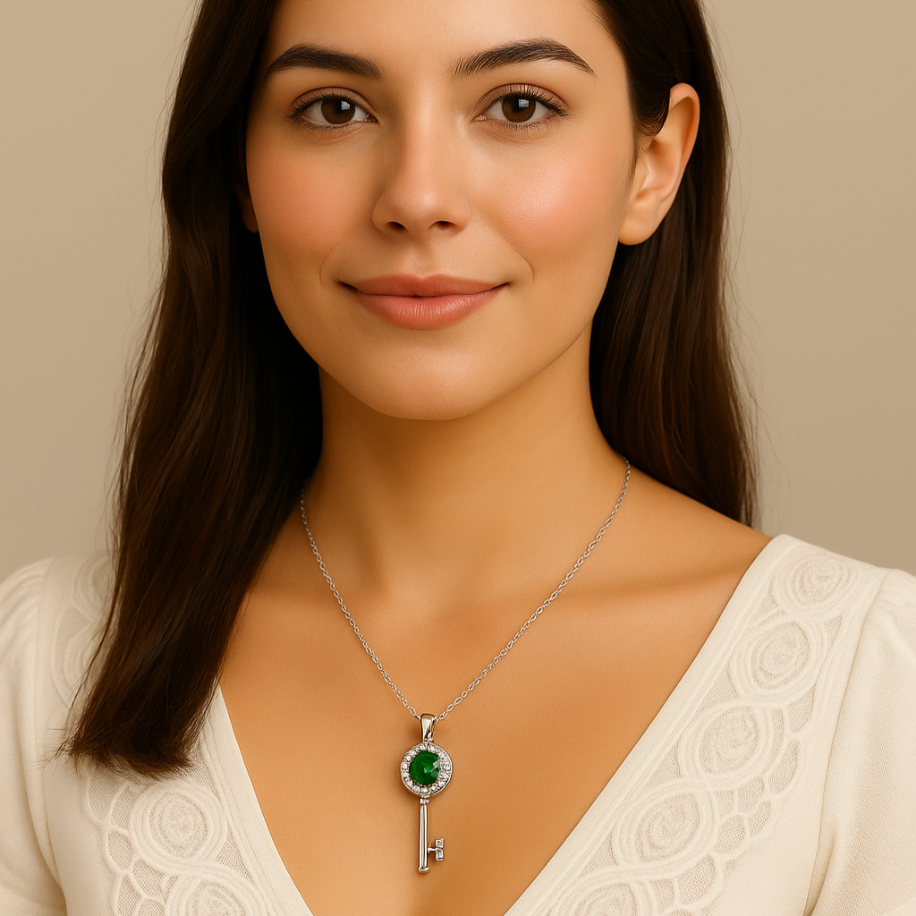 Silver Emerald Green Crystal Key Pendant Necklace - PEACORA