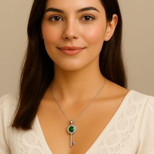 Silver Emerald Green Crystal Key Pendant Necklace - PEACORA