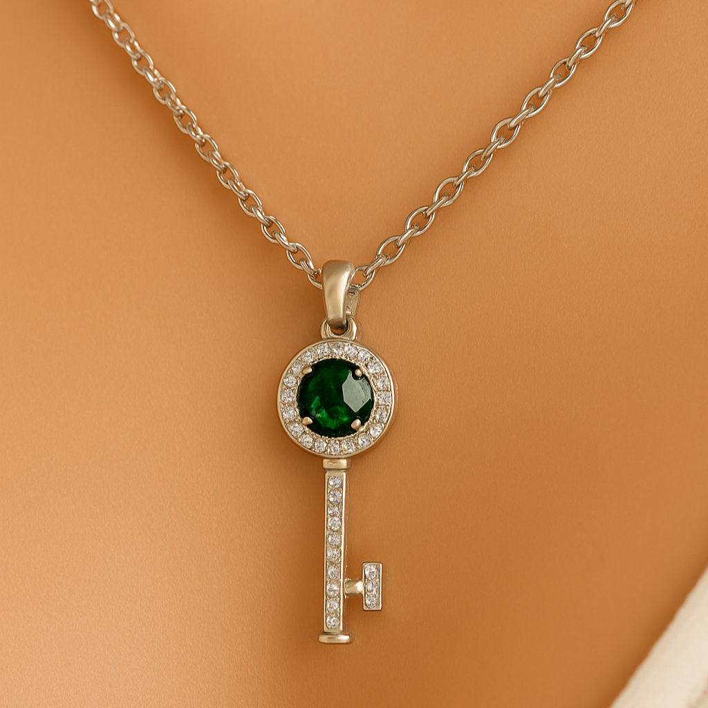Silver Emerald Green Crystal Key Pendant Necklace