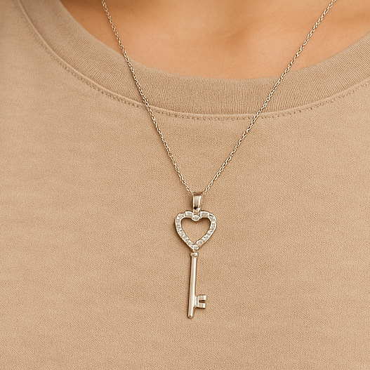 Silver Heart Key Pendant Necklace - PEACORA