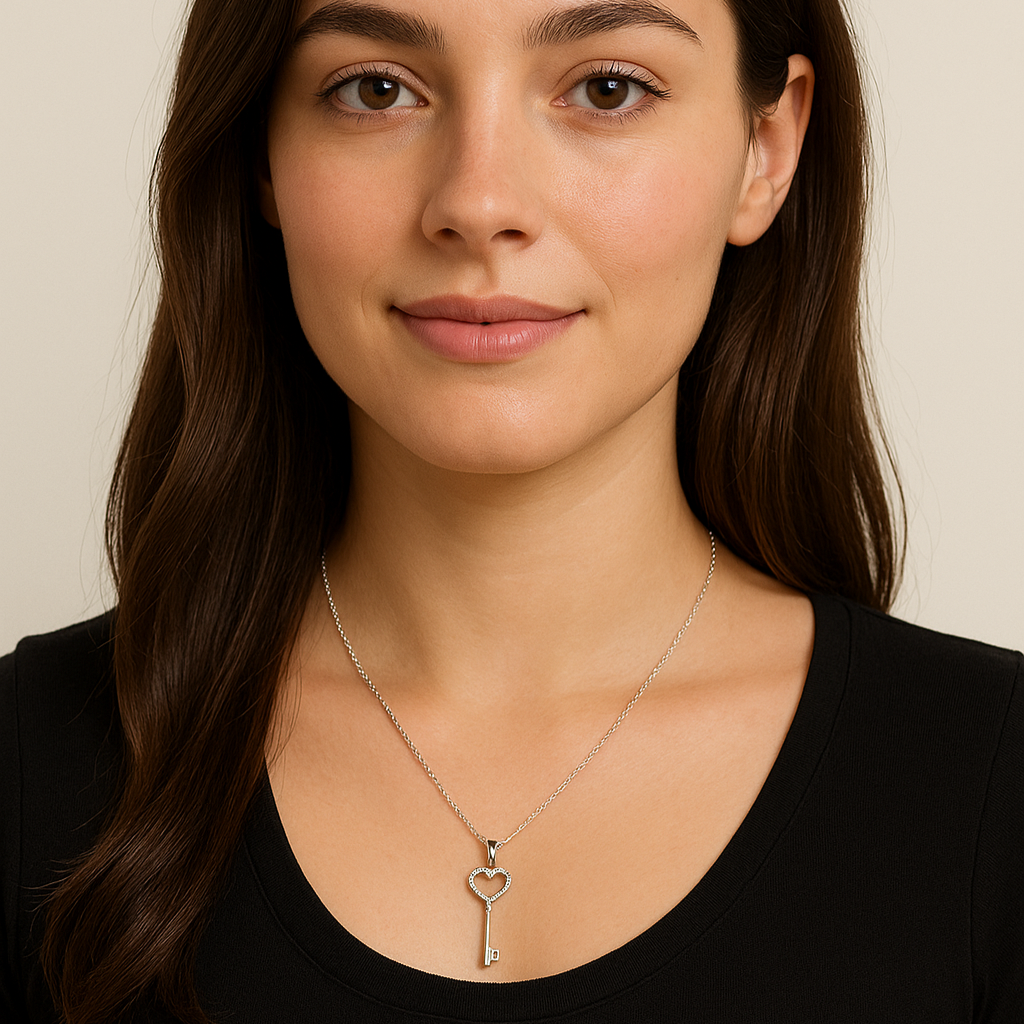Silver Heart Key Pendant Necklace