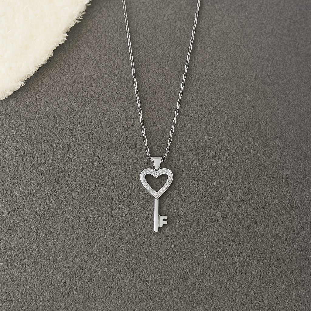 Silver Heart Key Pendant Necklace - PEACORA