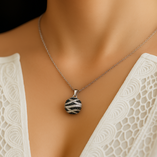 Black Silver Crystal Pendant Necklace - PEACORA