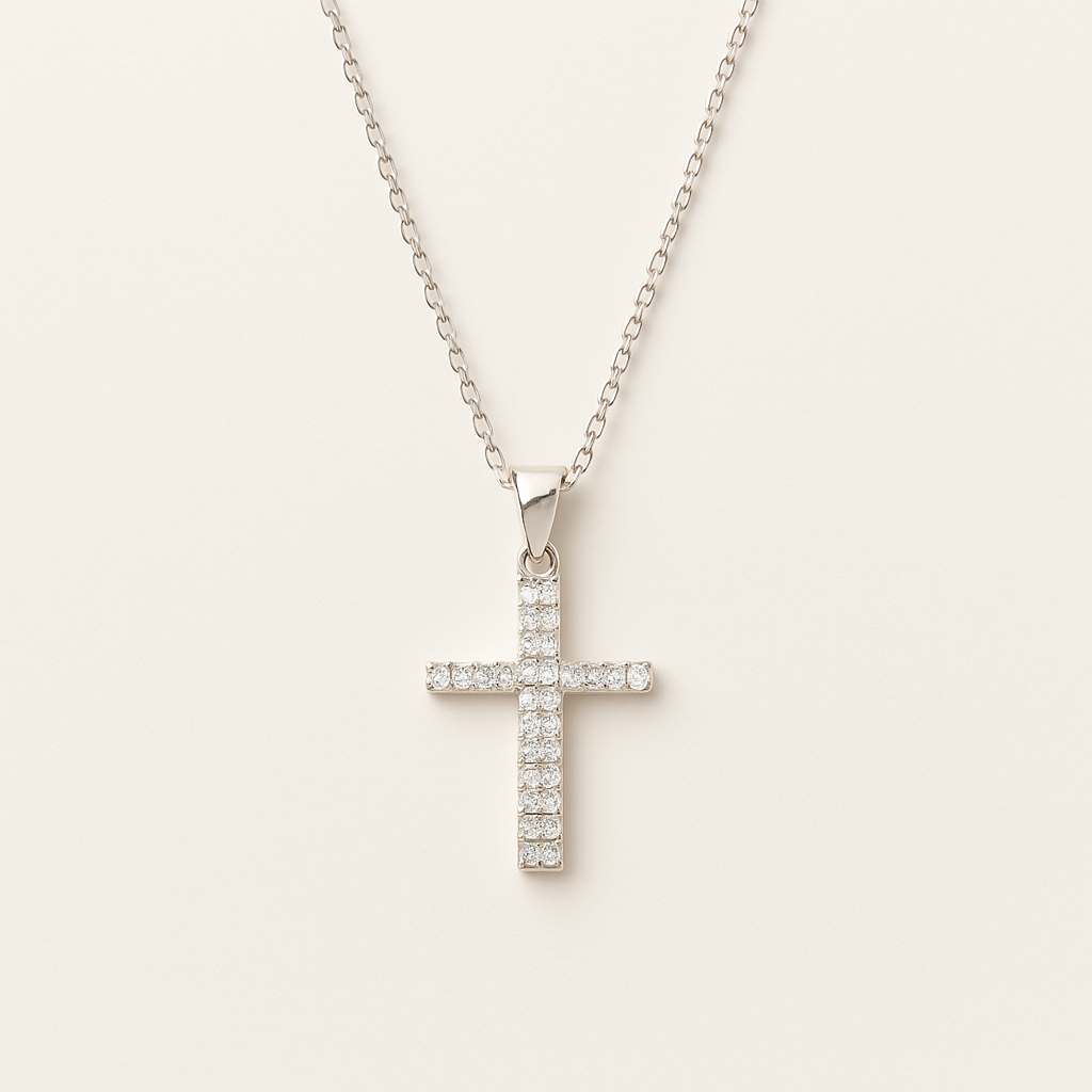 Sterling Silver Double Crystal Cross Necklace - PEACORA