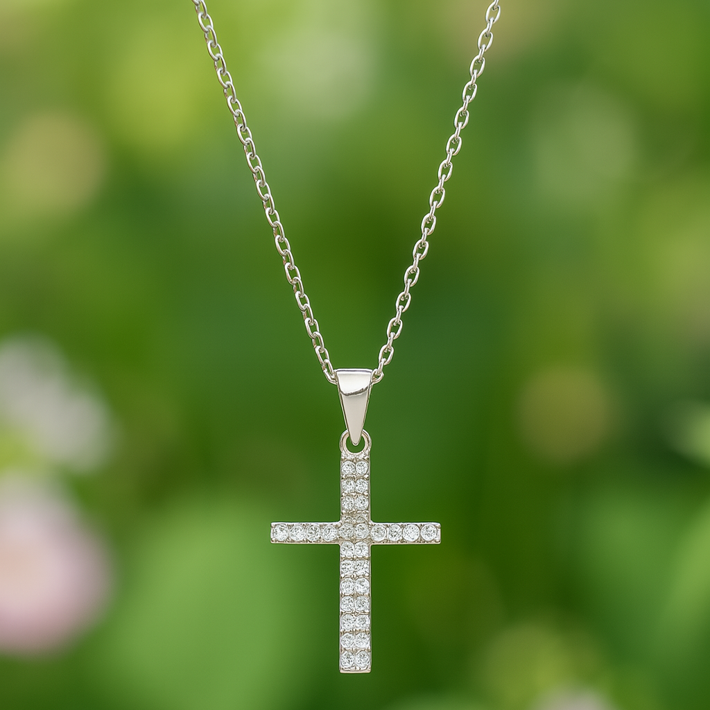 Sterling Silver Double Crystal Cross Necklace - PEACORA