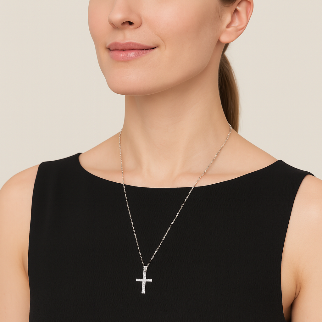 Sterling Silver Double Crystal Cross Necklace - PEACORA