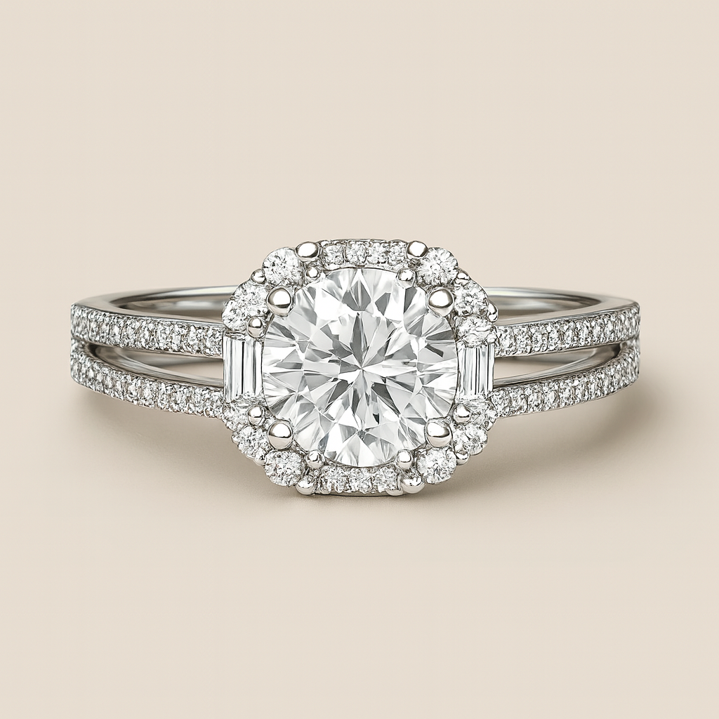 Round Moissanite Halo Split Band Ring - PEACORA