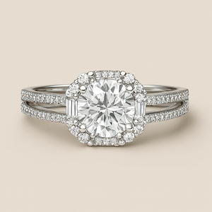 Round Moissanite Halo Split Band Ring - PEACORA