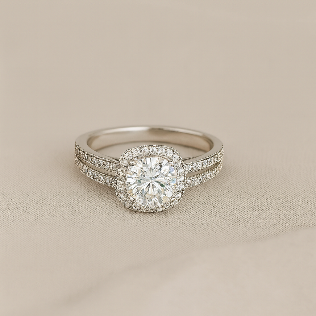 Round Moissanite Halo Split Band Ring - PEACORA