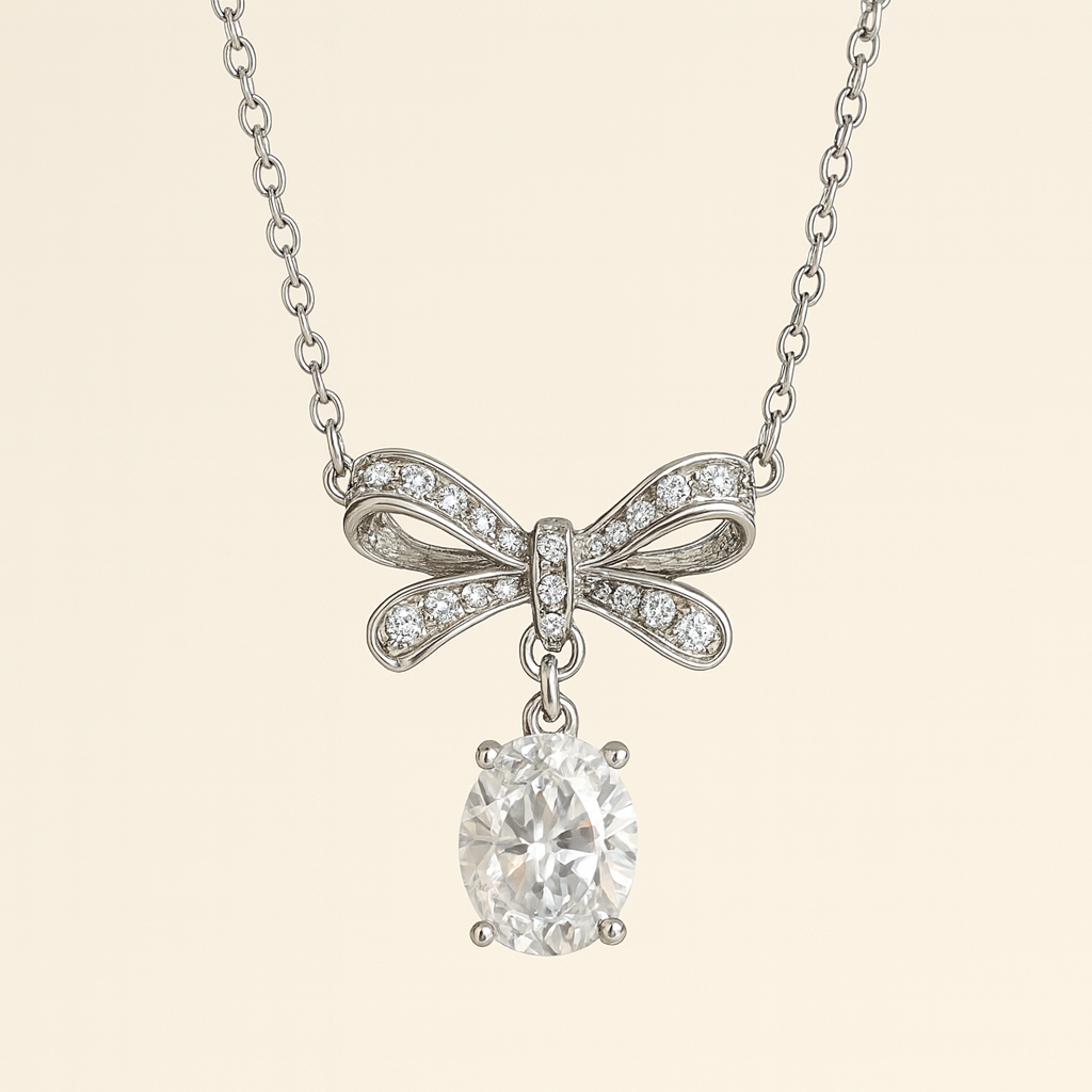 Oval Crystal Bow Necklace - PEACORA