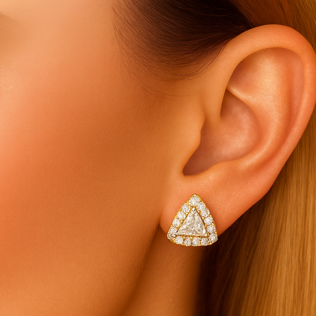 Gold Triangular Halo Stud Earrings - PEACORA