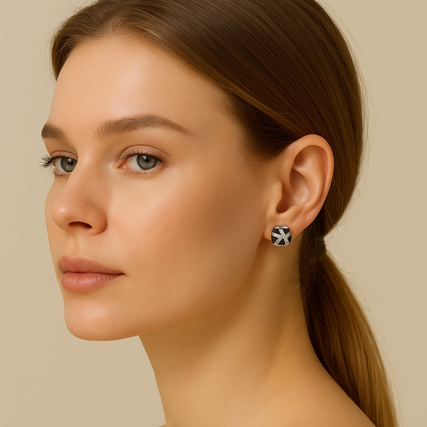Black Enamel and Crystal Accent Stud Earrings - PEACORA