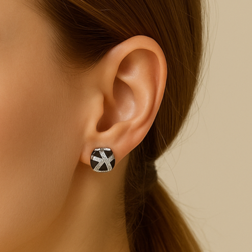 Black Enamel and Crystal Accent Stud Earrings - PEACORA