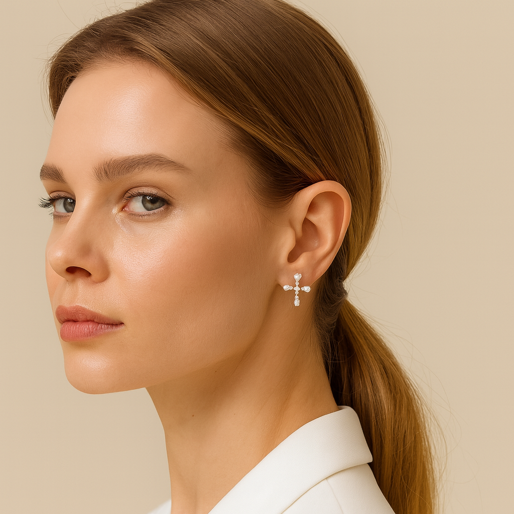 Silver Cross Crystal Stud Earrings - PEACORA