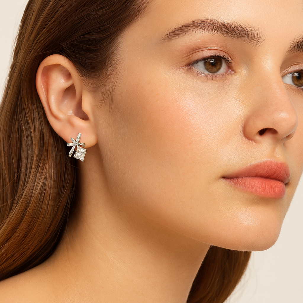 Silver Bow Knot Crystal Earrings - PEACORA