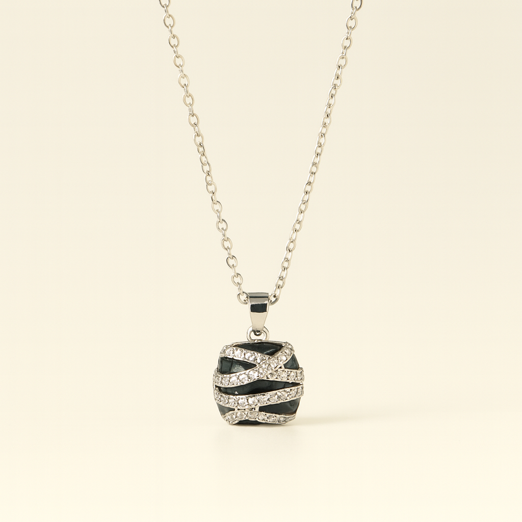 Black Silver Crystal Pendant Necklace - PEACORA