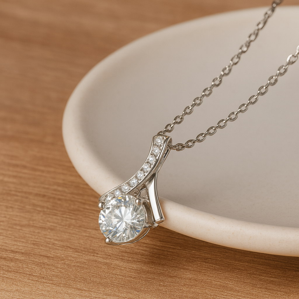Silver Moissanite Wave Pendant Necklace - PEACORA